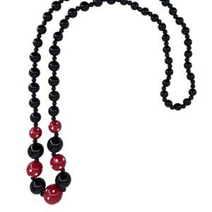 Statement Art Deco Black & Red Polka Dot Graduated Wooden Bead Necklace 44" Long